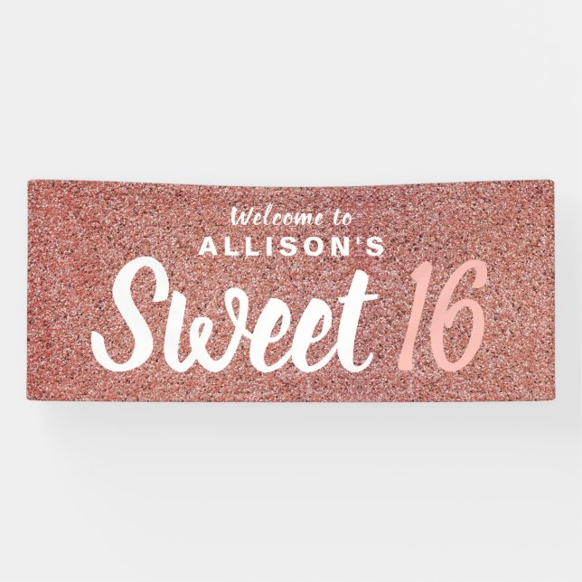 Banderoles Sweet 16 Anniversaire Rose Parties scintillant d'o (Horizontal)