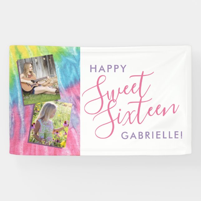 Banderoles Sweet 16 Boho Tie Dye Joyeux Anniversaire Photo (Horizontal)