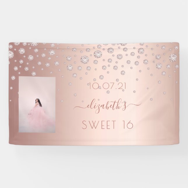 Banderoles Sweet 16 photo rose or diamants roses (Horizontal)
