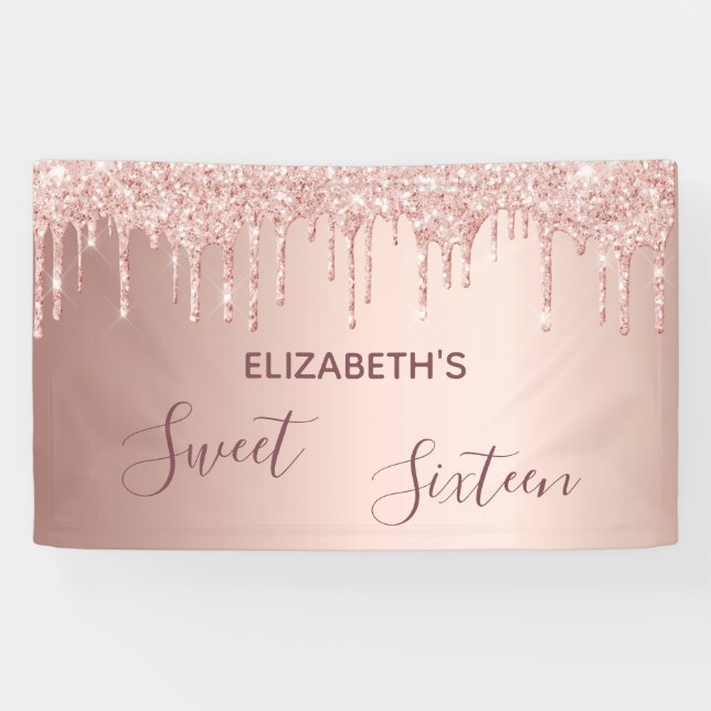 Banderoles Sweet 16 rose blush gouttes parties scintillant or (Horizontal)