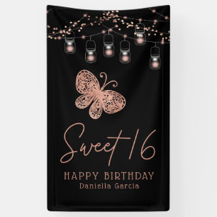 Banderoles Sweet 16 Rose Gold Butterfly Chic Moderne Annivers