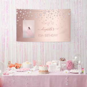 Banderoles Sweet 16 roses diamants photo en or bleu