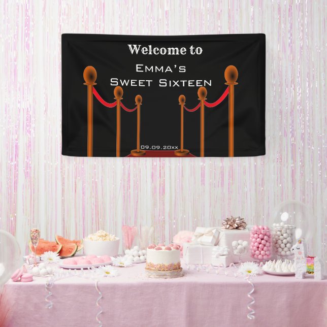 Banderoles Sweet 16e Elégant Tapis Noir & Rouge Anniversaire (Fête)