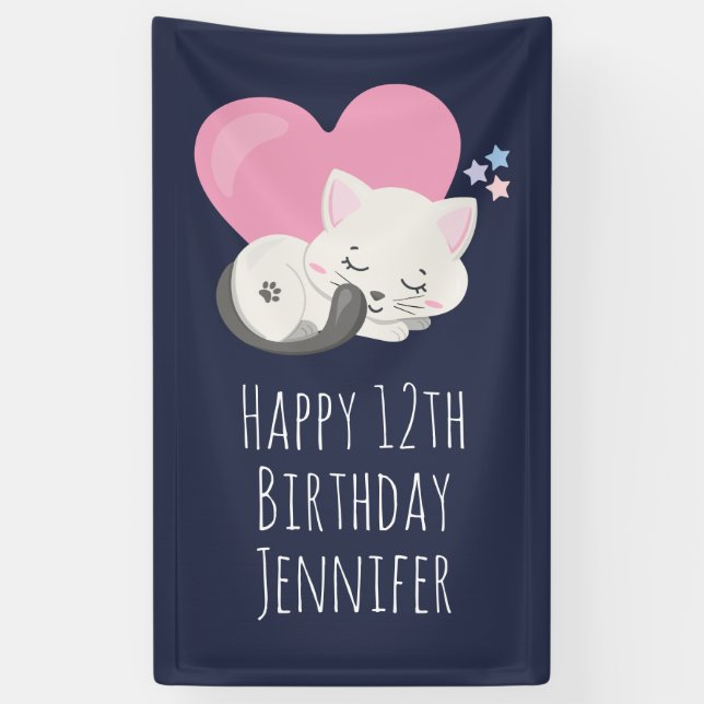 Banderoles Sweet Kitty Chat Dormir avec Coeur Rose Anniversai (Vertical)