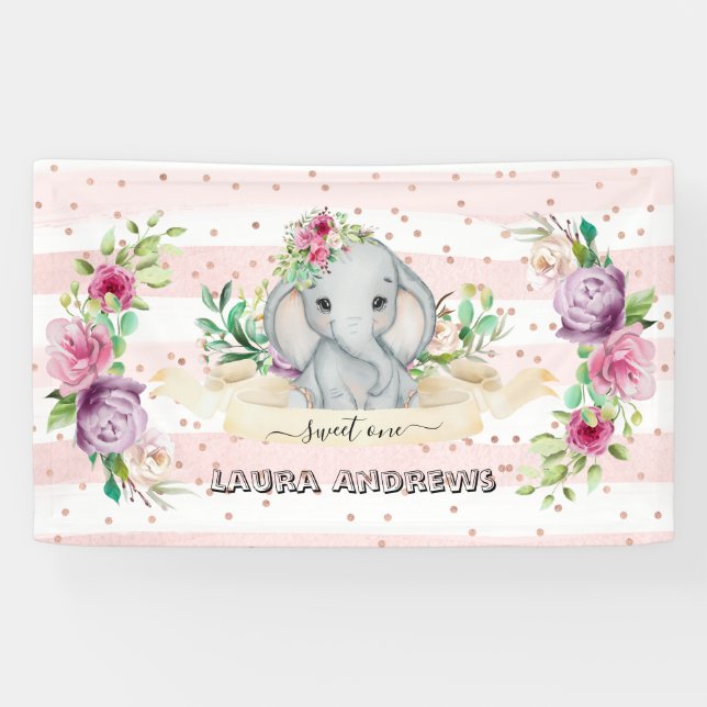 Banderoles Sweet One Baby Elephant and Flowers 1er anniversai (Horizontal)