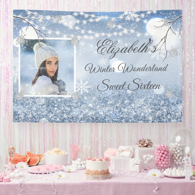 Banderoles Sweet sixteen Bleu Blanc hiver Wonderland Neige Ba (Fête)