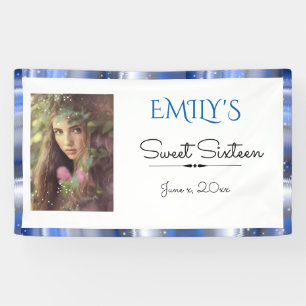 Banderoles Sweet sixteen, Bleu, Satin Faux, Personnalisé