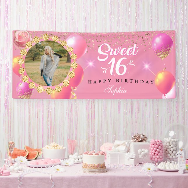 Banderoles Sweet sixteen d'anniversaire rose et or, sur mesur (Fête)
