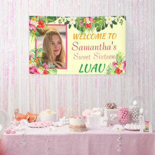 Banderoles Sweet sixteen Luau, Hibiscus rose rouge Tropical