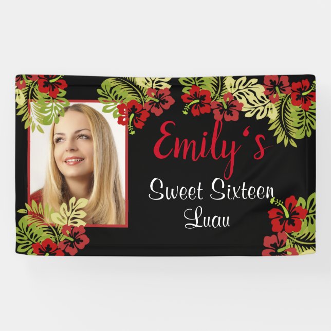Banderoles Sweet sixteen Luau, Hibiscus rouge, photo (Horizontal)