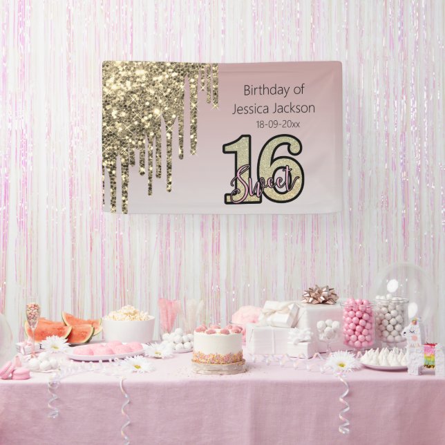 Banderoles Sweet sixteen or rose rose pâle (Fête)