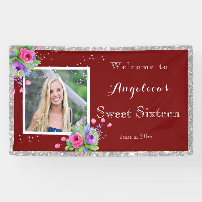 Banderoles Sweet sixteen Parties scintillant Argent Joli Fleu (Horizontal)