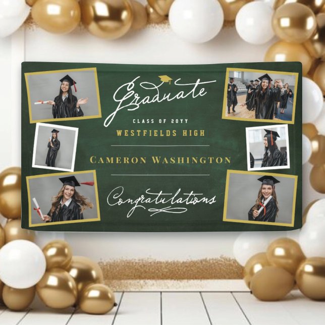 Banderoles Tableau noir Script élégant 6 Photo Graduation Par (Chalkboard Stylish Graduate Script 10 Photo Graduation Party Banner @ www.zazzle.com/color_therapy)