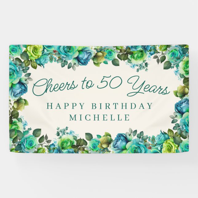 Banderoles Teal Emerald Green Floral Cheers to 50 Birthday (Horizontal)