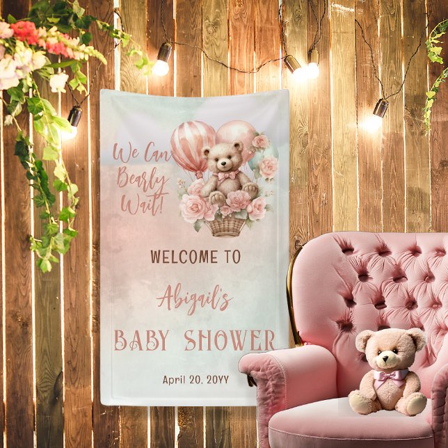Banderoles Teddy Bear Balloons Girl Bearly Wait Baby shower (Teddy Bear and Pink Hot Air Balloons with Flowers "We Can Bearly Wait" Baby Shower Banner)