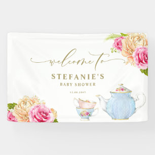 Banderoles Théière et tasses à thé florales aquarelle pour Ba