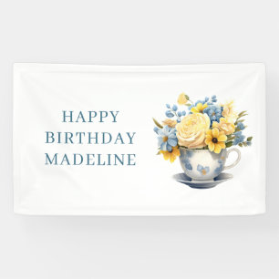 Banderoles Théière Fleurs Jaunes Bleus Anniversaire