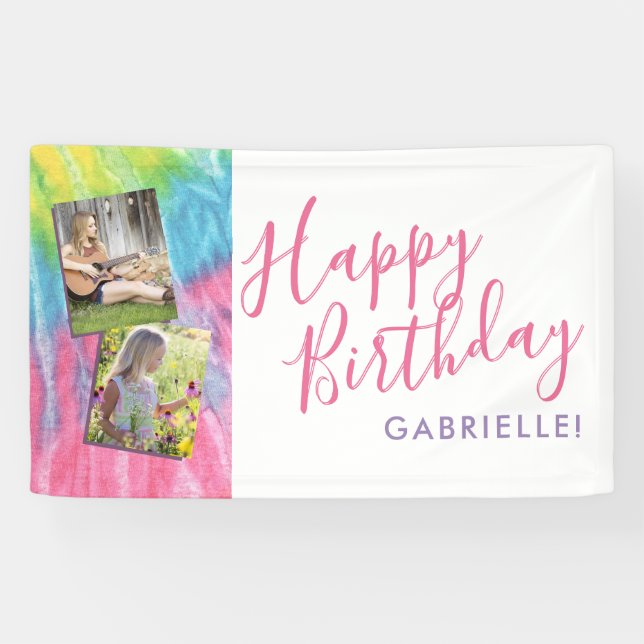 Banderoles Tie Dye Moderne Hippy Joyeux Anniversaire Photo (Horizontal)