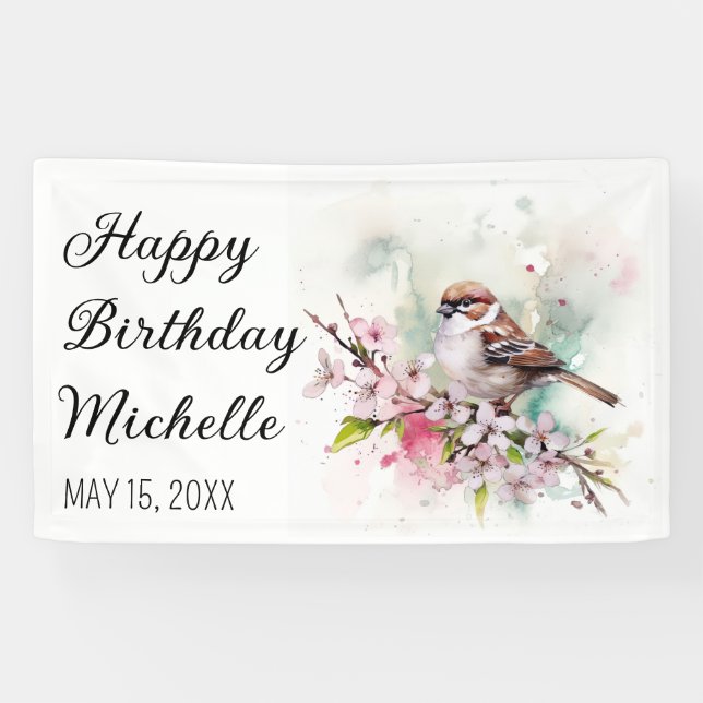 Banderoles Tiny Sparrow Cherry Blossoms Printemps Anniversair (Horizontal)