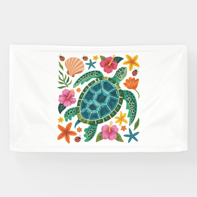 Banderoles Tortue de mer florale Boho (Horizontal)