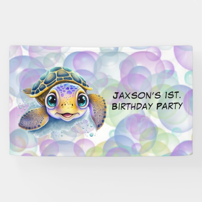 Banderoles Tortue mignonne avec bulles 1er. Fête d'anniversai (Horizontal)