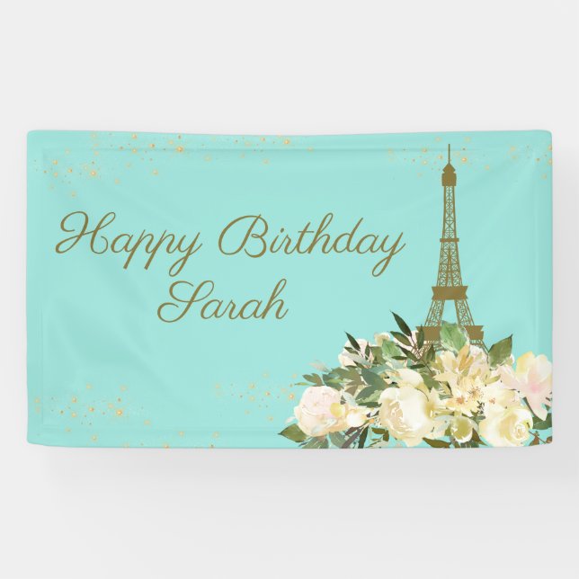 Banderoles Tour Eiffel Paris Anniversaire Aqua Mint Gold (Horizontal)