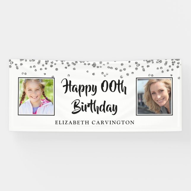 Banderoles Tout Anniversaire Alors & Maintenant Photos Argent (Horizontal)