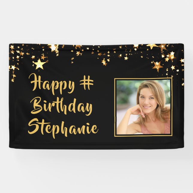 Banderoles Toute photo d'anniversaire Black Gold Stars Person (Horizontal)