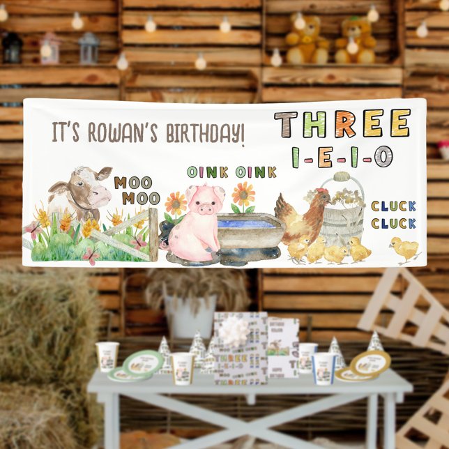 Banderoles Trois-i-e-i-o 3e fête d'anniversaire (Three-i-e-i-o nursery rhyme farm theme 3rd birthday party banner)