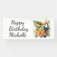 Tropical Floral Toucan Joyeux Anniversaire Nom