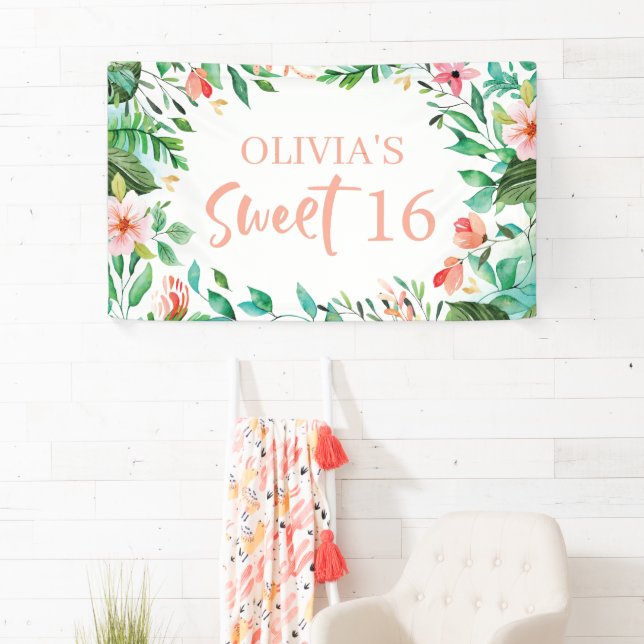 Banderoles Tropical Sweet 16 Aloha Luau Anniversaire (En situation)