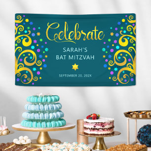 Banderoles Turquoise Bar Mitzvah ornement écriture dorée Arbr
