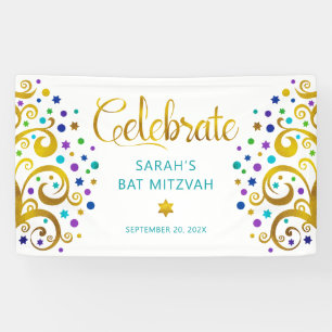 Banderoles Turquoise Bar Mitzvah Papier doré Écriture Arbre d