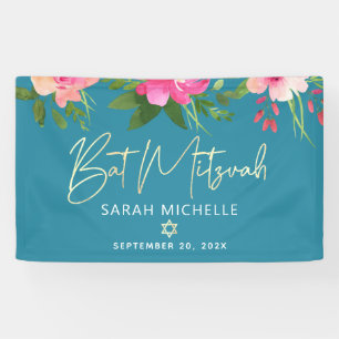 Banderoles Turquoise Bar Mitzvah Rose Floral Or Écrit Gras