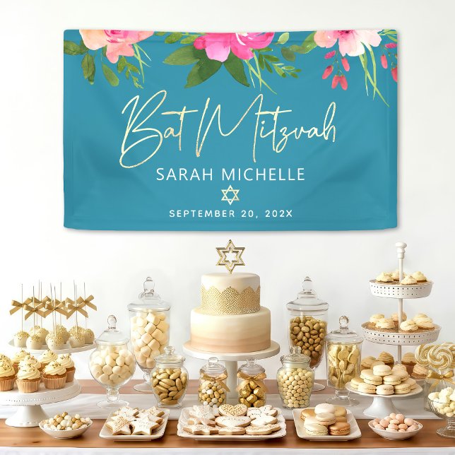 Banderoles Turquoise Bar Mitzvah Rose Floral Or Écrit Gras (Créateur téléchargé)