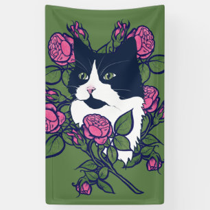 Banderoles Tuxedo Cat Peony Floral Art Tuxie Cats