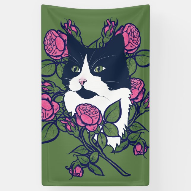 Banderoles Tuxedo Cat Peony Floral Art Tuxie Cats (Vertical)