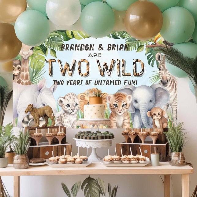 Banderoles Twins Blue Two Wild Boy cadre de 2e anniversaire (Twins, Blue Two Wild Themed birthday backdrop)