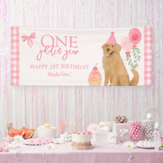 Banderoles Un an d'or Chiot Retriever Anniversaire Rose