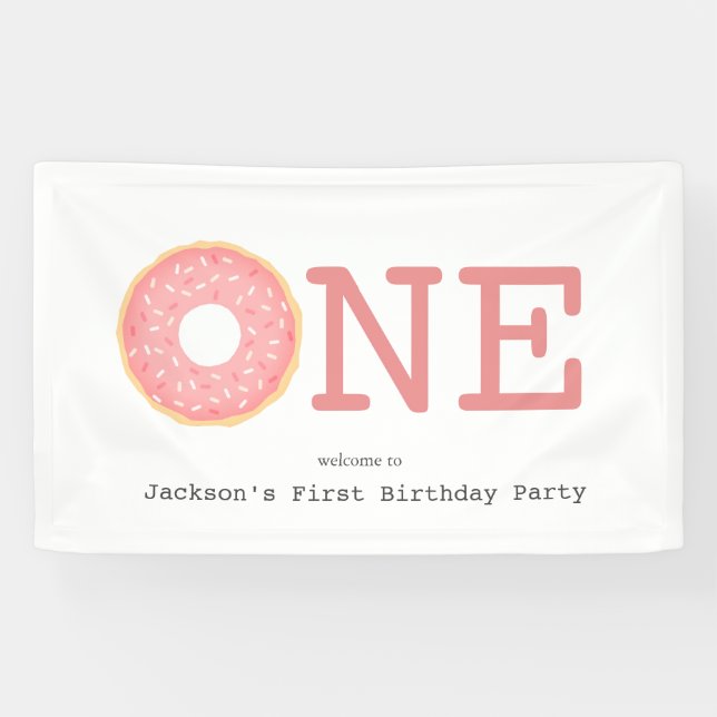 Banderoles Un Donut rose Fille premier anniversaire (Horizontal)
