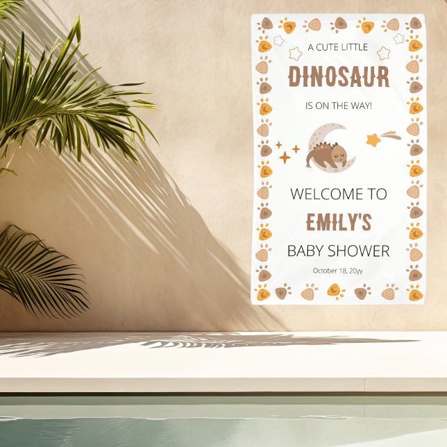 Banderoles Un Joli Petit Baby shower Dinosaure ("A Cute Little Dinosaur Is On The Way" Boy Baby Shower Banner - Sleeping Dinosaur and Footprints)