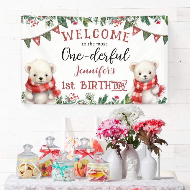Banderoles UN | Mignonne Ours Noël 1er fête d'anniversaire (Créateur téléchargé)