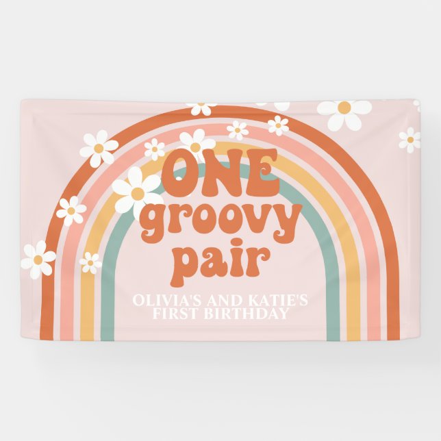 Banderoles Un Super Pair Retro Rainbow twin Anniversaire (Horizontal)