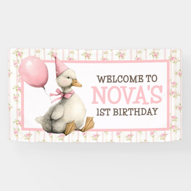 Banderoles Une oie sotte personnalisée rose 1er anniversaire (Horizontal)