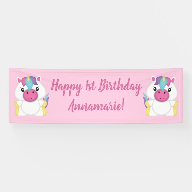 Banderoles Unicorne Anniversaire fête rose (Horizontal)
