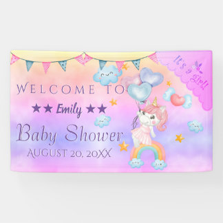 Banderoles Unicorne Rose Cute Avec Ballons Coeurs