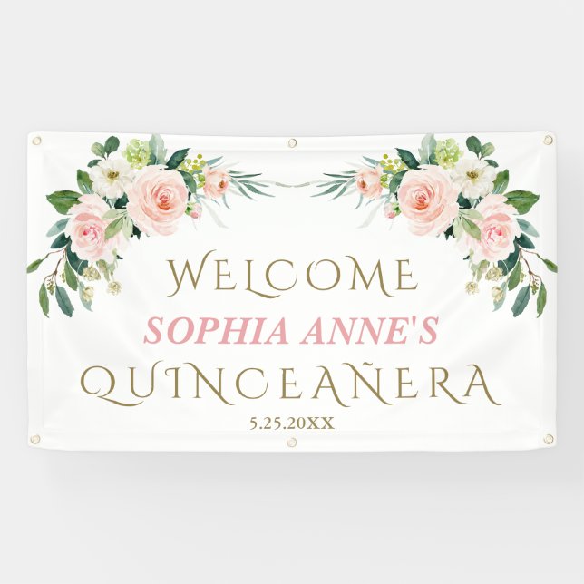 Banderoles Unique Affiche de bienvenue Floral Quinceañera Ros (Horizontal)