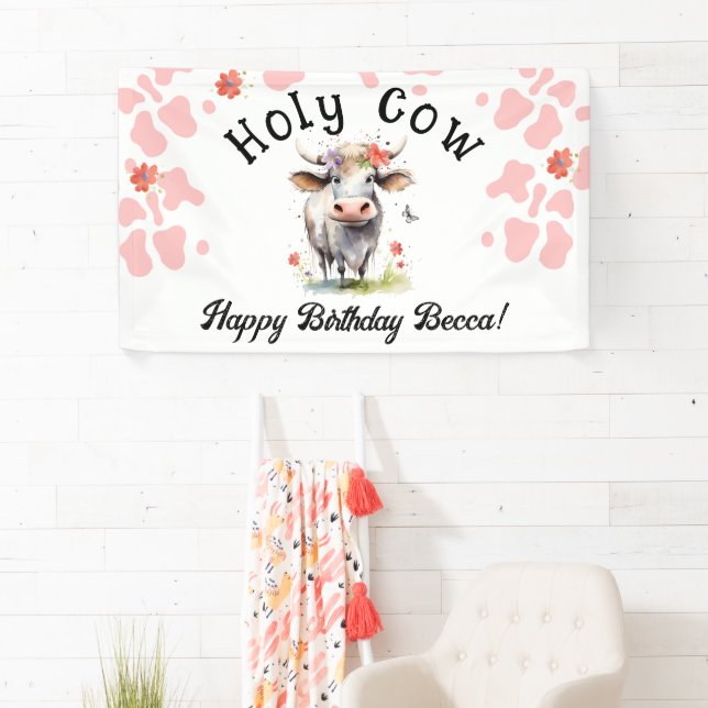 Banderoles Vache Saint 1er Anniversaire Aquarelle rose (En situation)