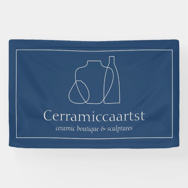 Banderoles Vase bleu marine Beige Sculpture Céramique (Horizontal)