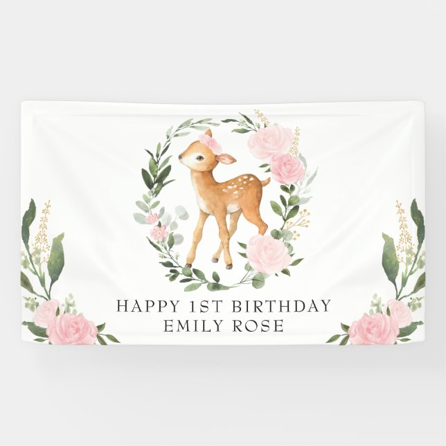 Banderoles Végétation florale rose Bois Cerf 1er anniversaire (Horizontal)